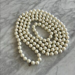 CHICO’S: Vintage Faux Pearl Single Strand Necklace 64 inches.